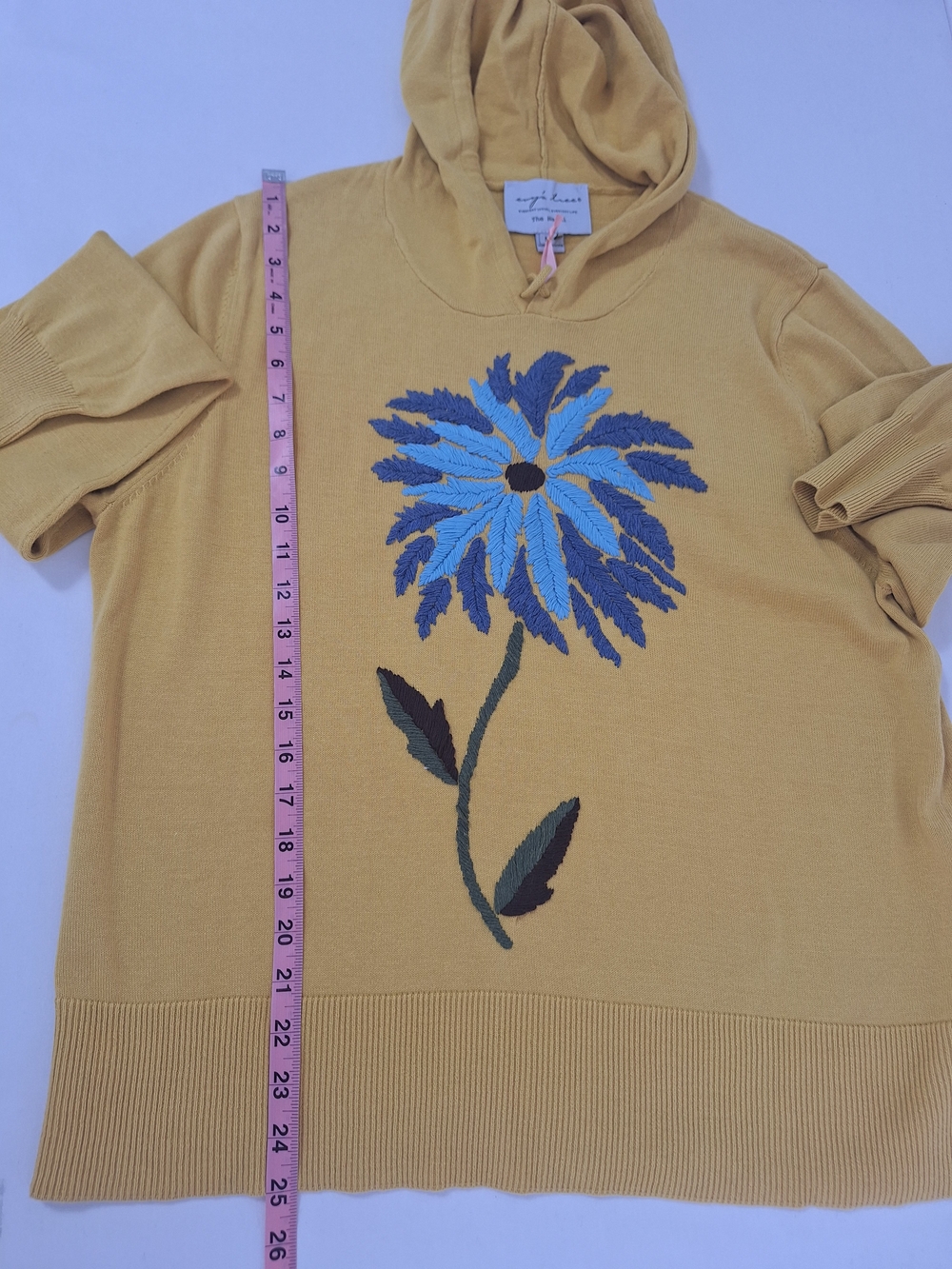 NWT evy's tree Mustard Yellow Hoodie Sweater with Blue Floral Motif - Picture 5 of 11